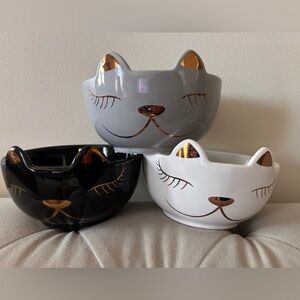 Cat Face Ceramic Bowl Set - Gray, White, Black with Gold Accents